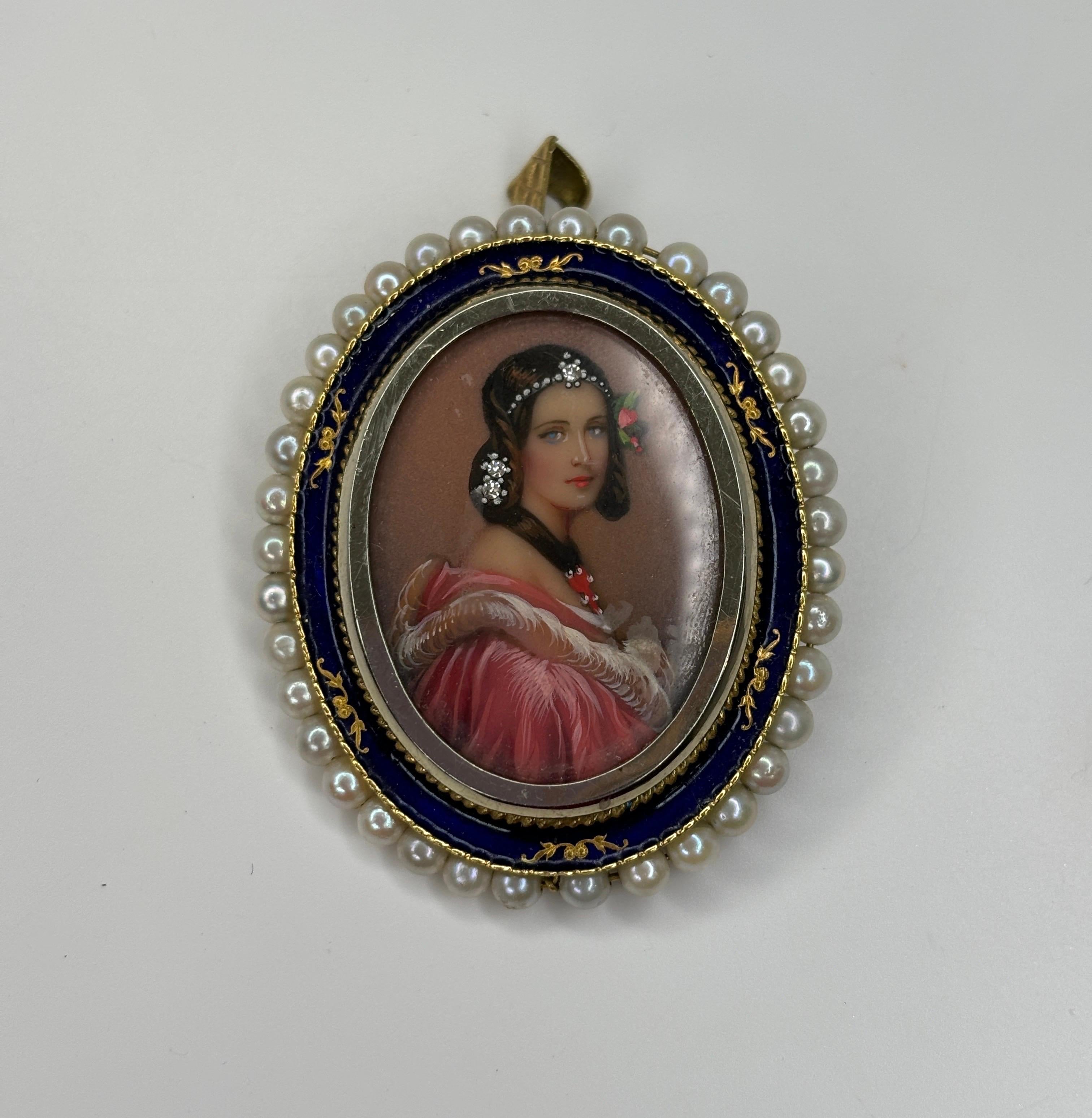Estate Pearl &Enameled Brooch Pendant 18k Yellow Gold Miniature Portrait For Sale 1