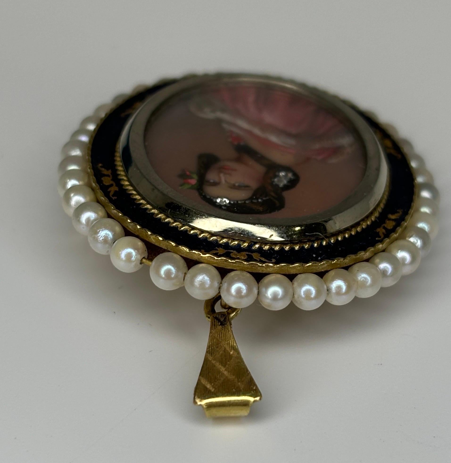 Estate Pearl &Enameled Brooch Pendant 18k Yellow Gold Miniature Portrait For Sale 2