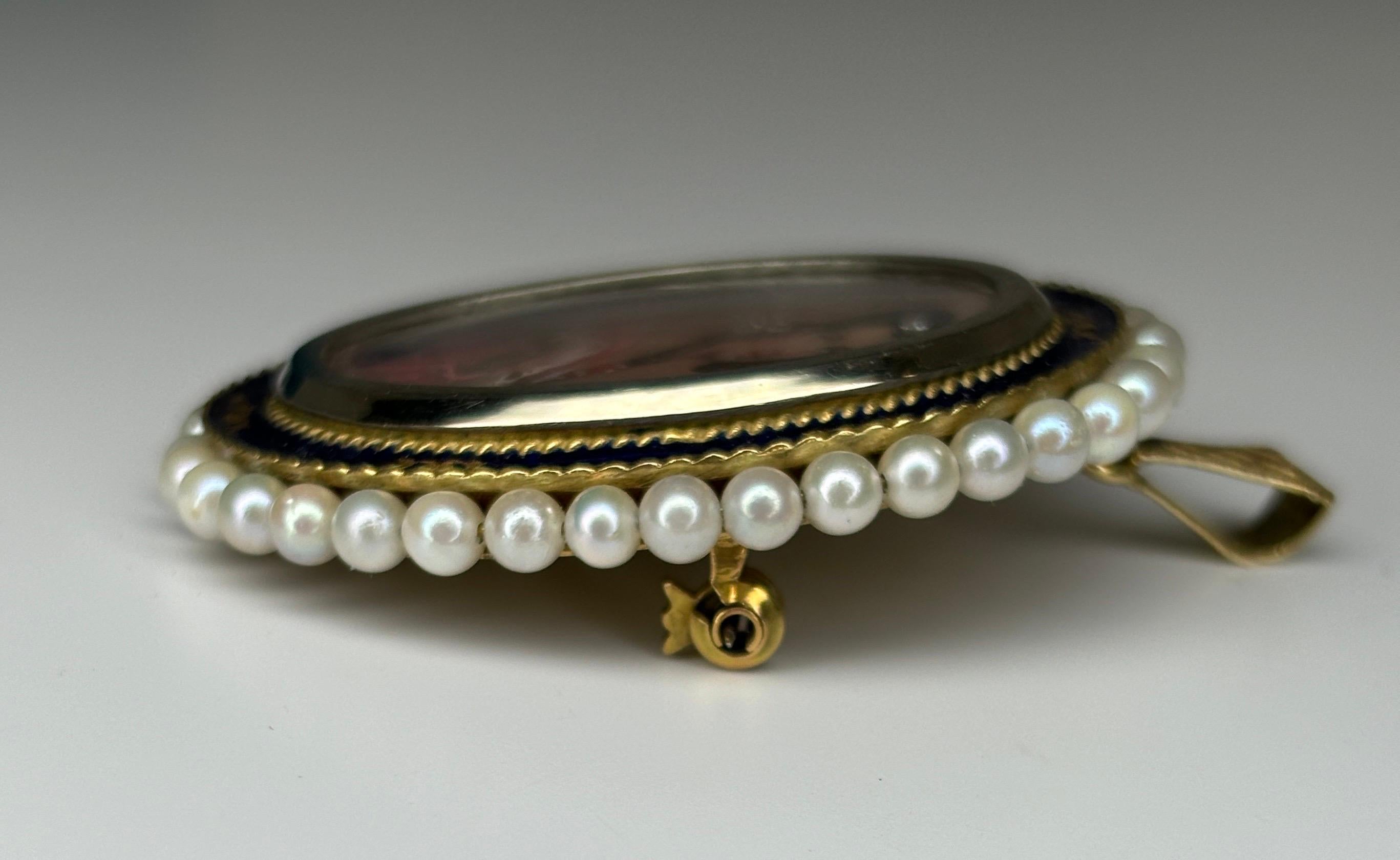 Estate Pearl &Enameled Brooch Pendant 18k Yellow Gold Miniature Portrait For Sale 3