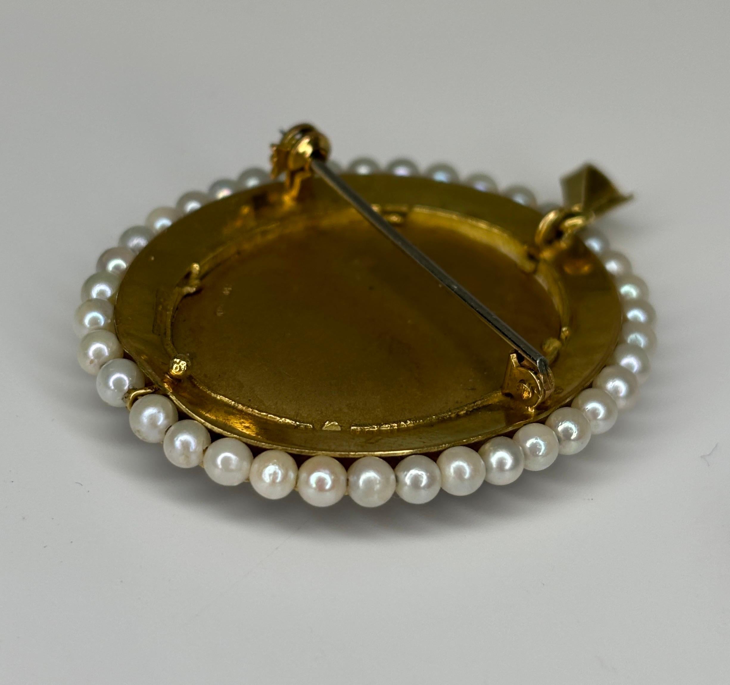 Estate Pearl &Enameled Brooch Pendant 18k Yellow Gold Miniature Portrait For Sale 4