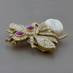 Estate Pearl Ruby Diamond Gold Bee Brooch