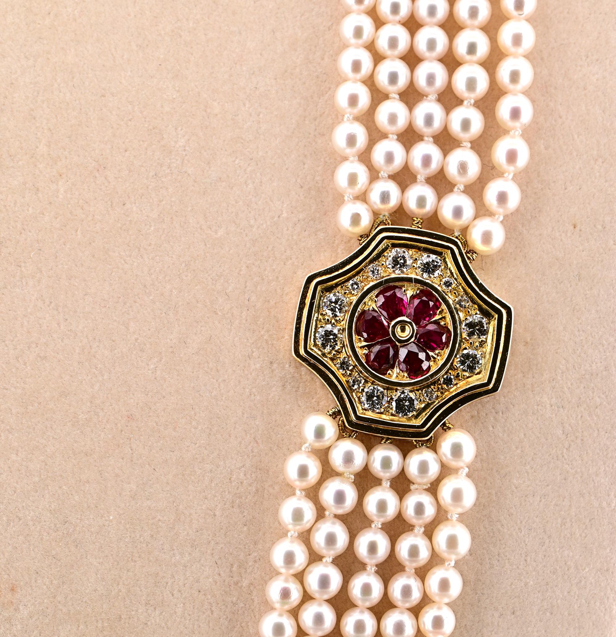 Estate Pearl Sautoir Halskette Ohrringe Rubin Diamant Anzug im Angebot 4