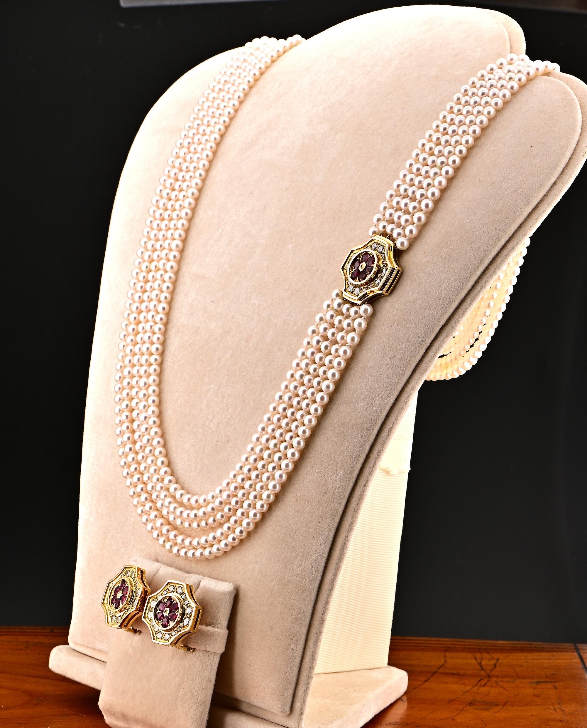 Estate Pearl Sautoir Halskette Ohrringe Rubin Diamant Anzug im Zustand „Gut“ im Angebot in Napoli, IT