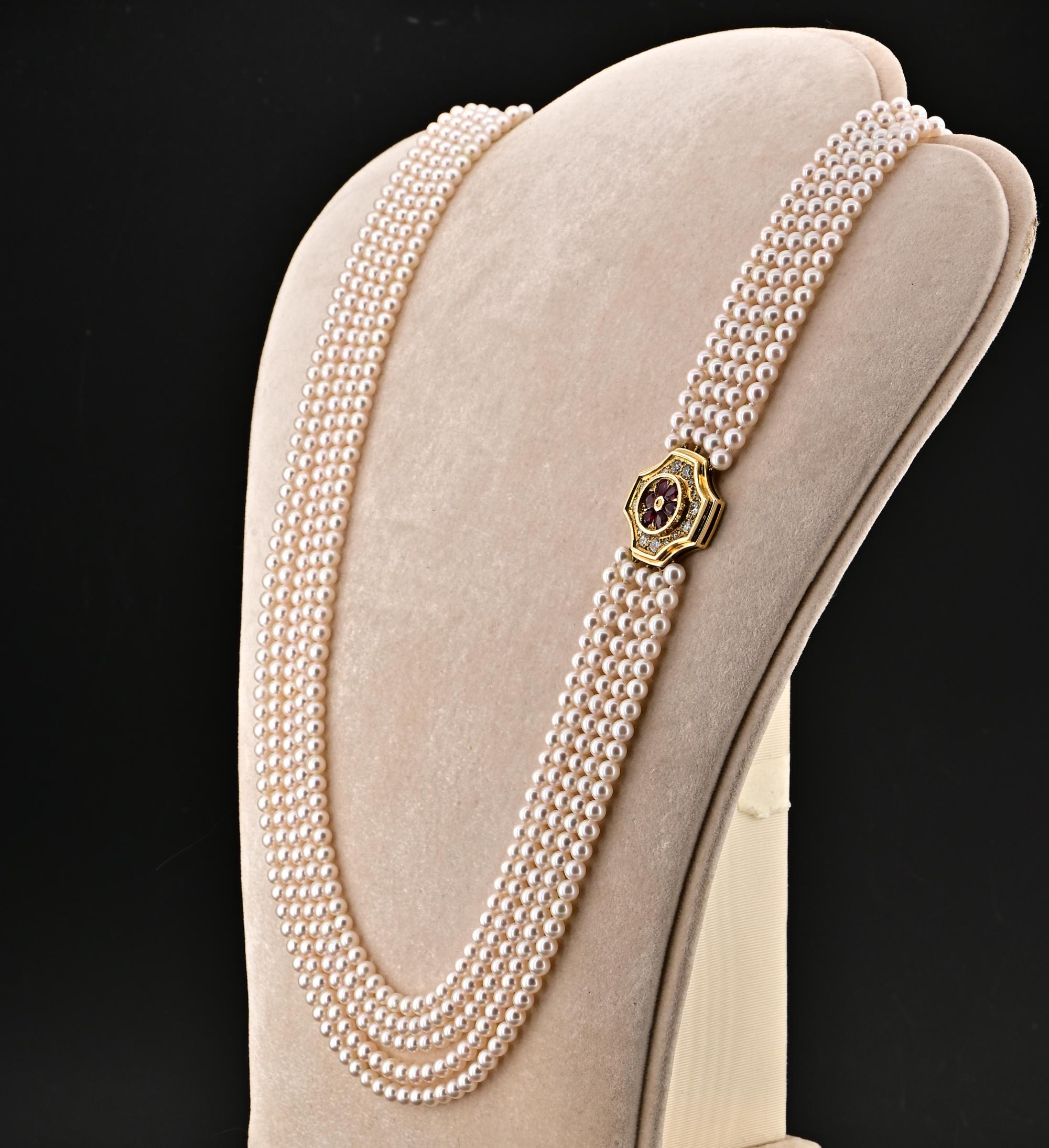 Contemporary Estate Pearl Sautoir Necklace Earrings Ruby Diamond Suit For Sale