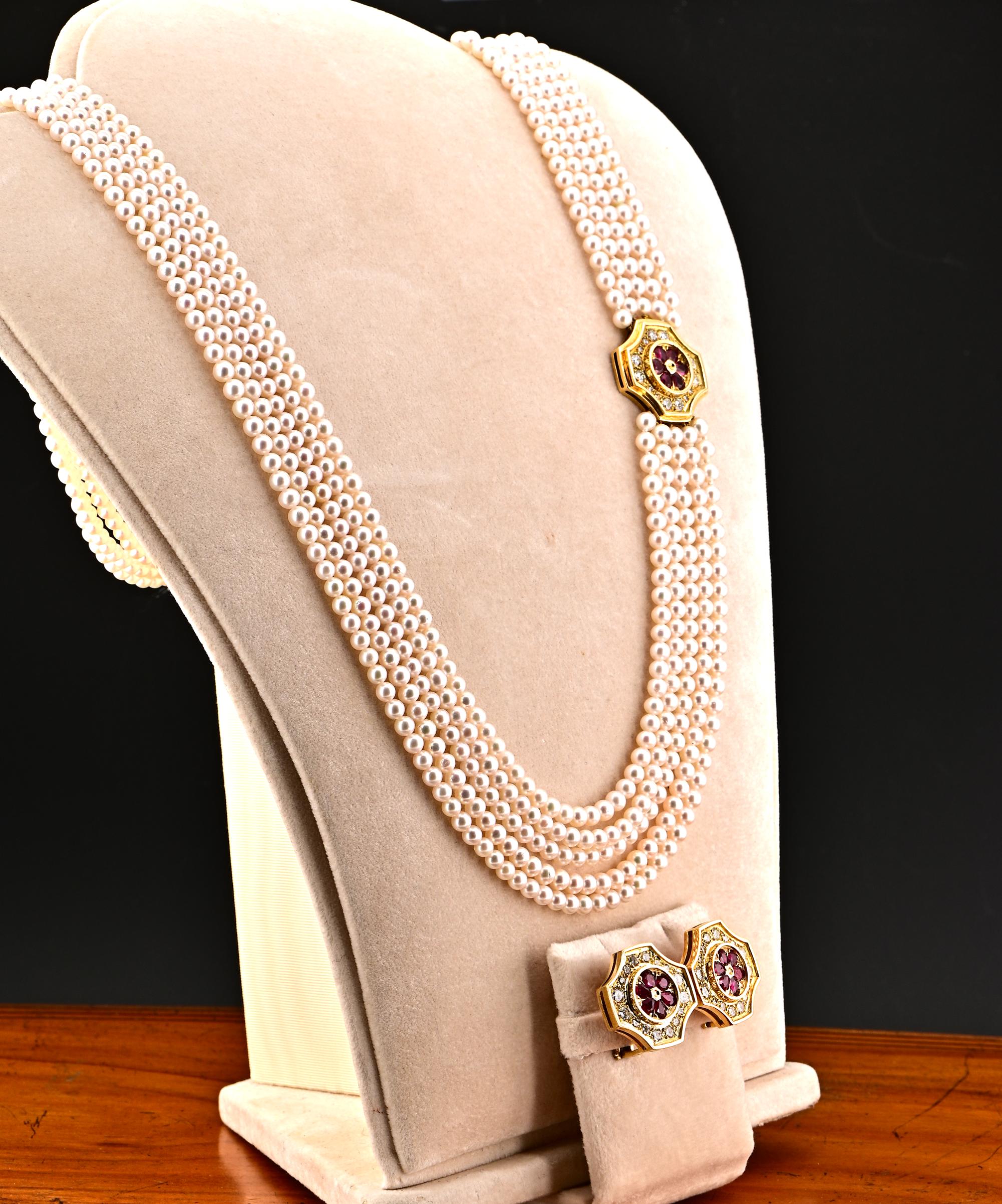 Estate Pearl Sautoir Halskette Ohrringe Rubin Diamant Anzug im Angebot 2