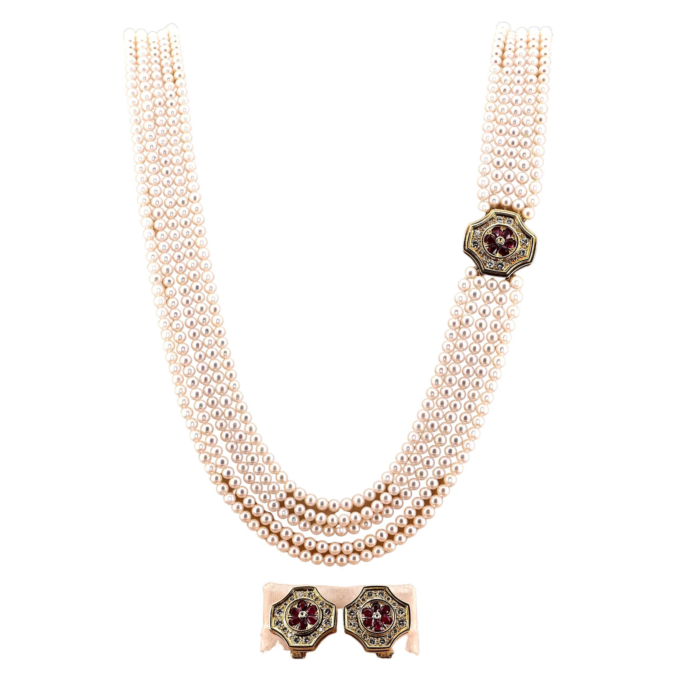 Estate Pearl Sautoir Necklace Earrings Ruby Diamond Suit For Sale