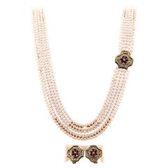 Vintage Estate Pearl Sautoir Necklace Earrings Ruby Diamond Suit