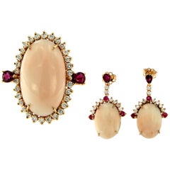 Estate Peau D'ange Coral Diamond Ruby Gold Demi-Parure