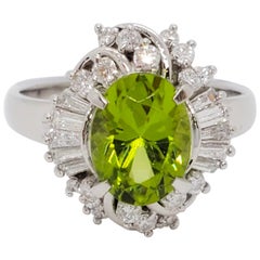 Estate Peridot Oval and White Diamond Cocktail Ring in Platinum
