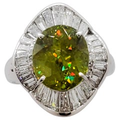 Estate Peridot Oval and White Diamond Ring in Platinum