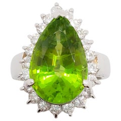 Estate Peridot Pear Shape and White Diamond Cocktail Ring in Platinum