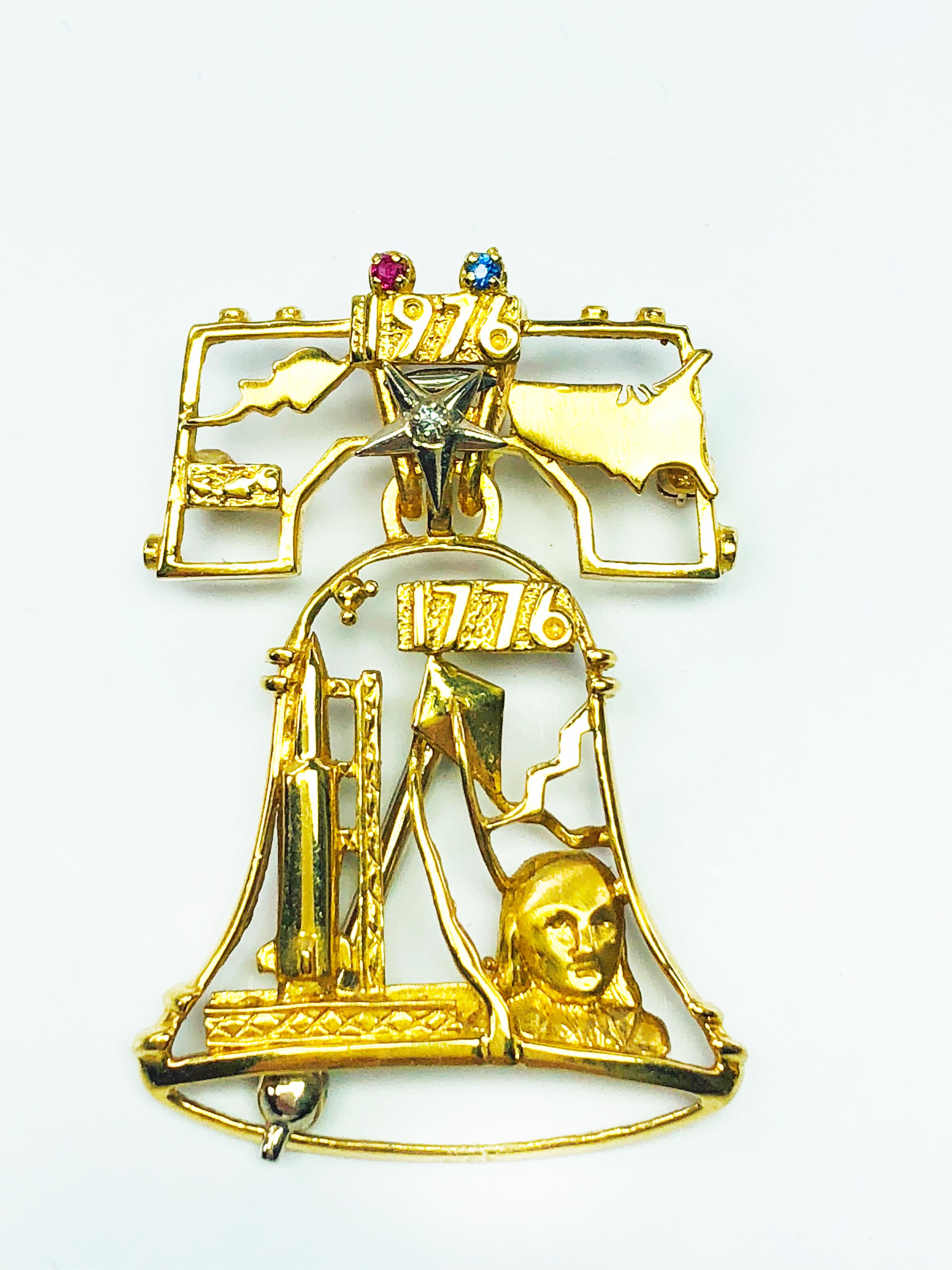 Modern Estate Peter Lindeman 18K Gold Ruby Sapphire & Diamond Liberty Bell Pendant Pin