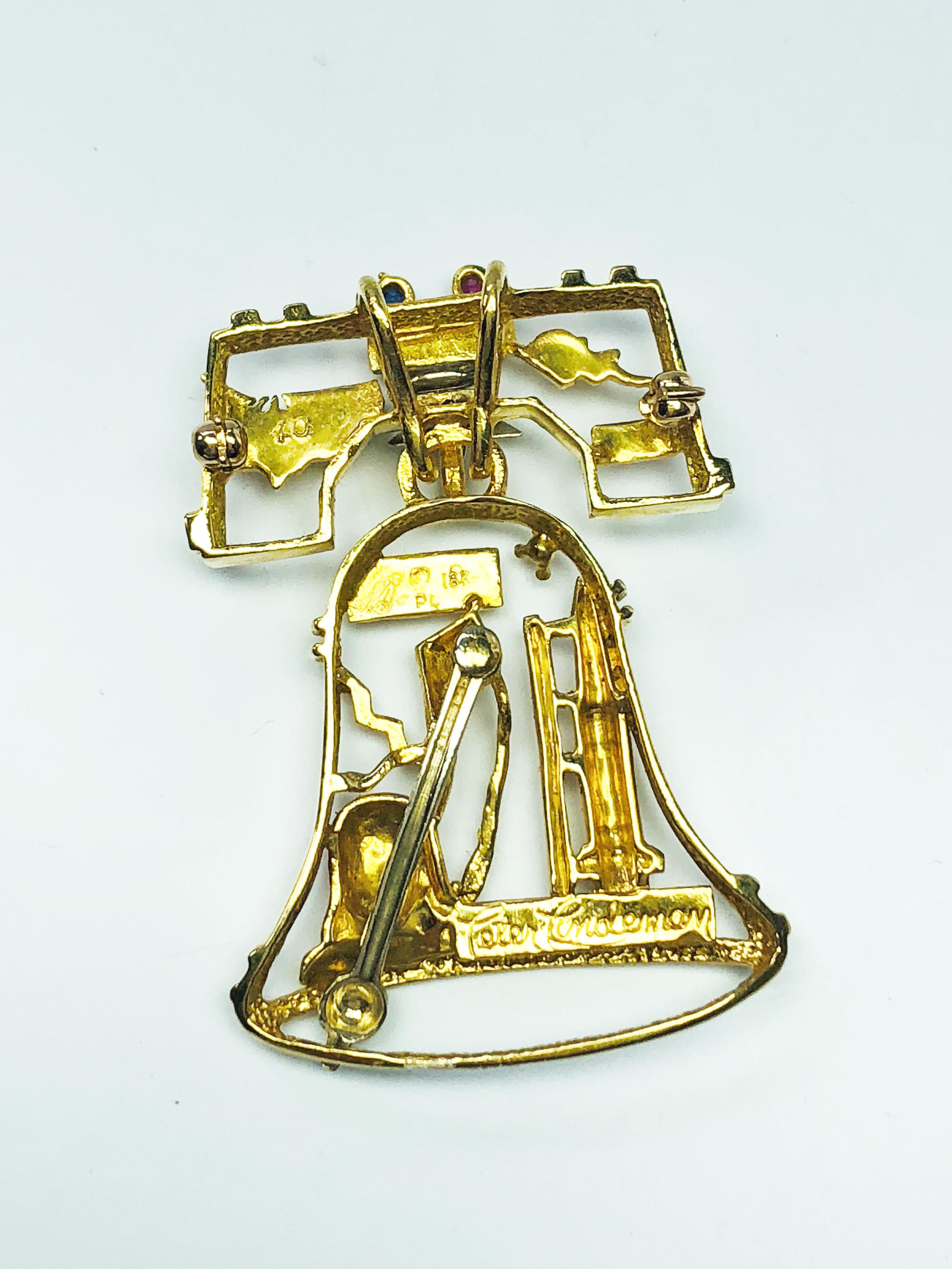 Women's or Men's Estate Peter Lindeman 18K Gold Ruby Sapphire & Diamond Liberty Bell Pendant Pin