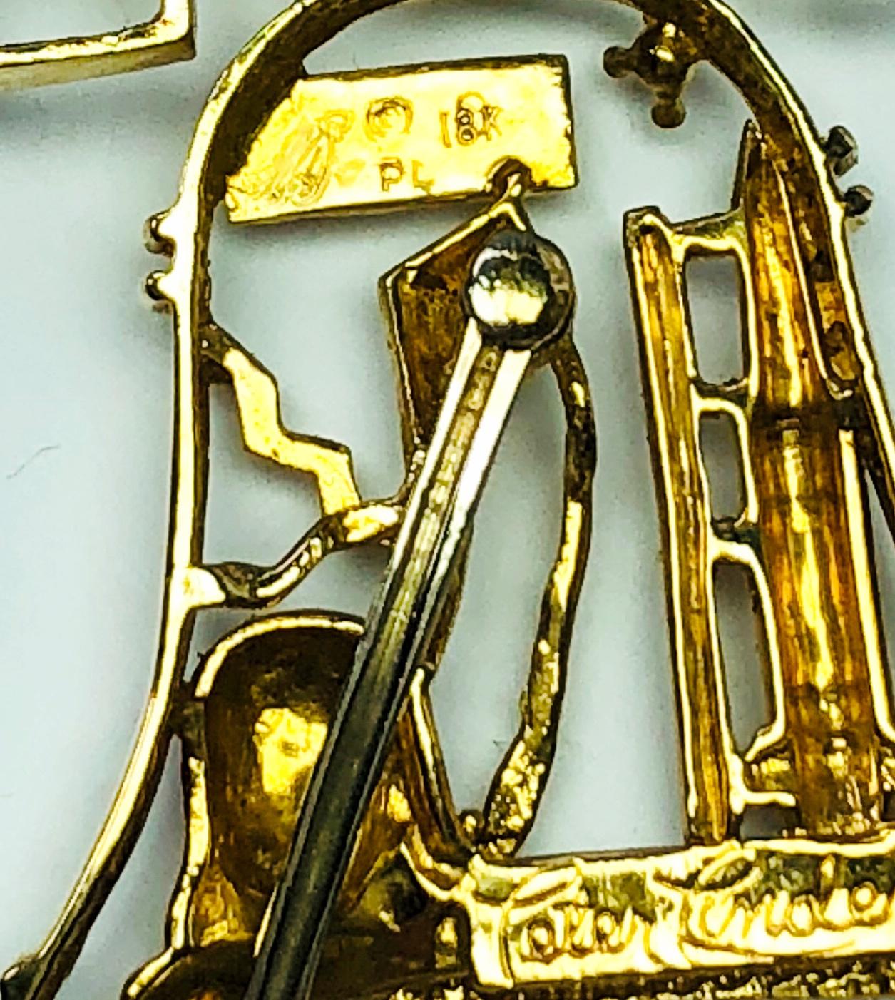 Estate Peter Lindeman 18K Gold Ruby Sapphire & Diamond Liberty Bell Pendant Pin 1