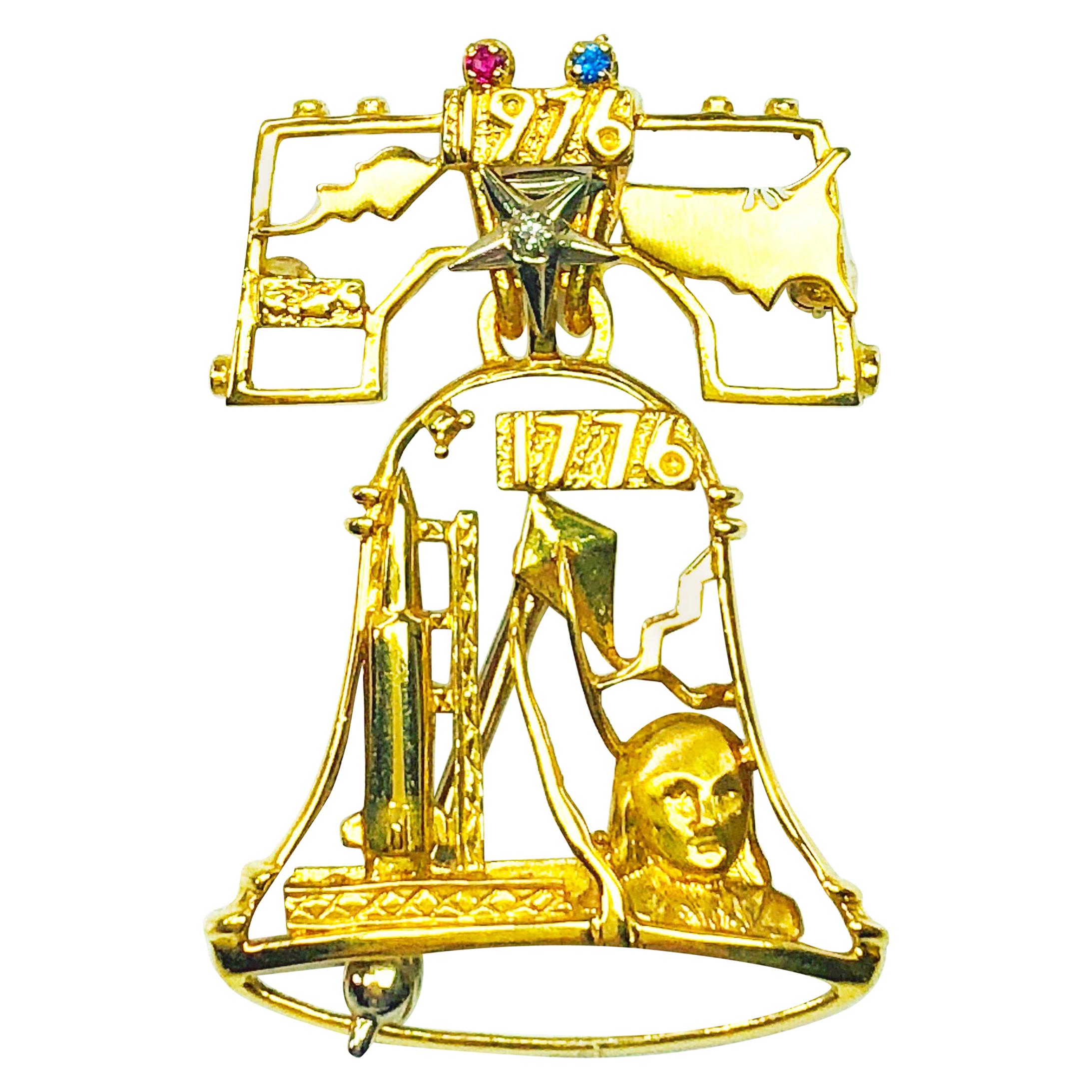 Estate Peter Lindeman 18K Gold Ruby Sapphire & Diamond Liberty Bell Pendant Pin