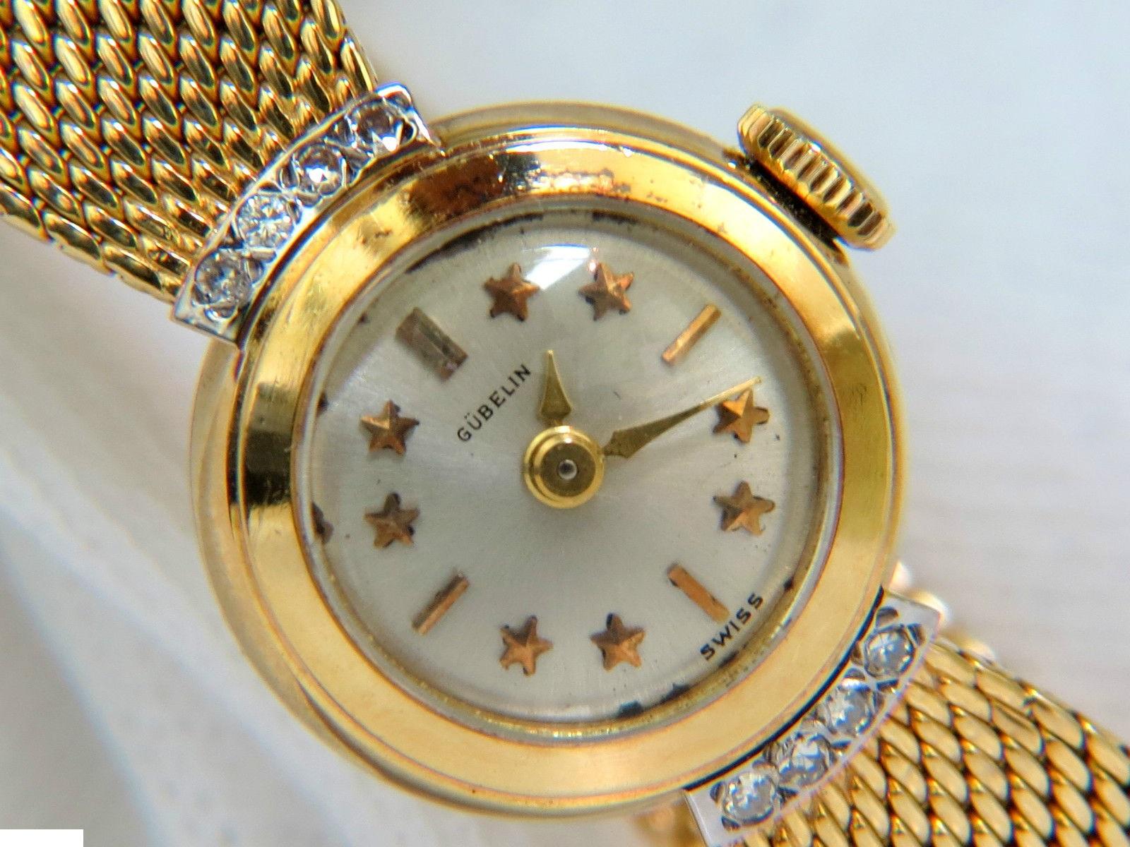 Estate Petite 18 Karat Gublin Swiss Ladies Gold Watch Mesh and Star Bar Dial For Sale 2