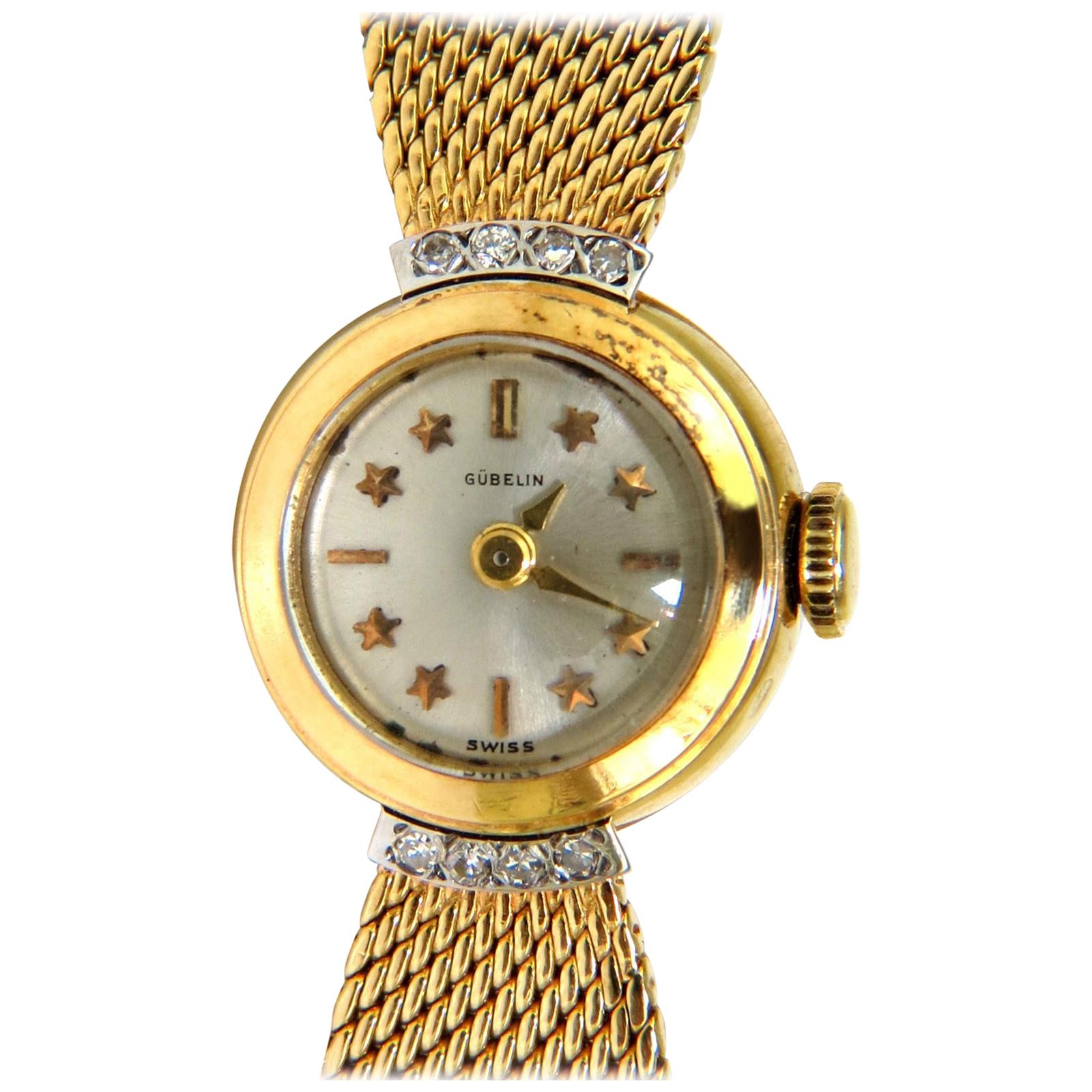 Estate Petite 18 Karat Gublin Swiss Ladies Gold Watch Mesh and Star Bar Dial For Sale