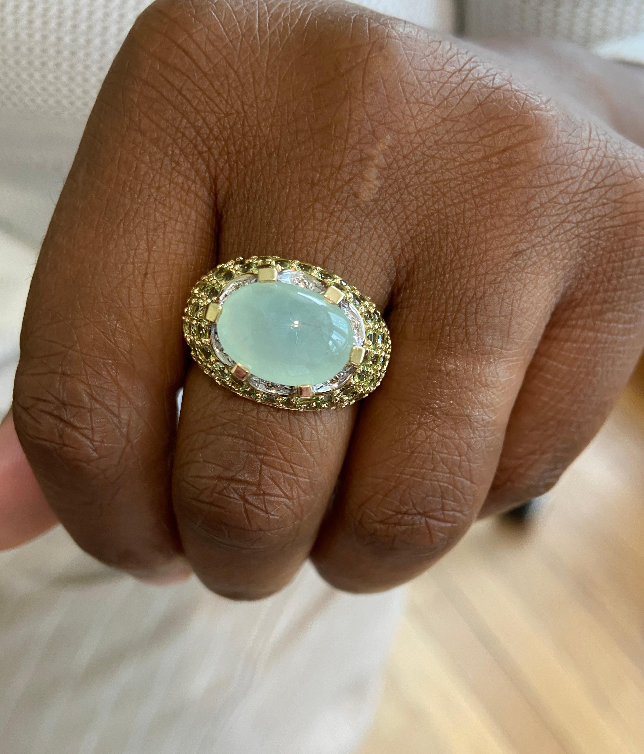 Estate Prehnite, Peridot, and Diamond 14 Karat Yellow Gold Fashion Ring For Sale 5
