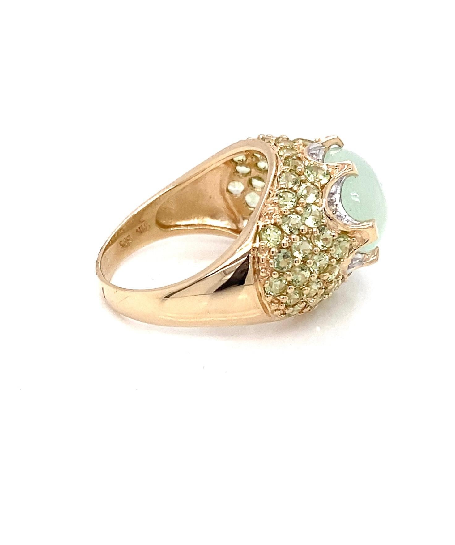 Cabochon Estate Prehnite, Peridot, and Diamond 14 Karat Yellow Gold Fashion Ring For Sale