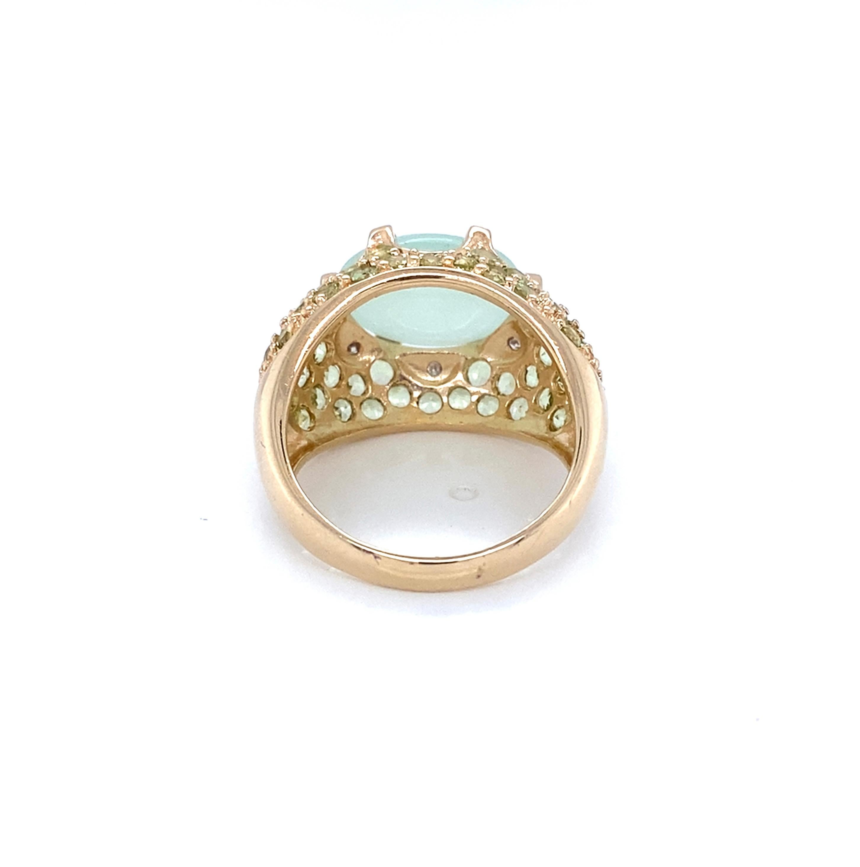 Women's or Men's Estate Prehnite, Peridot, and Diamond 14 Karat Yellow Gold Fashion Ring For Sale