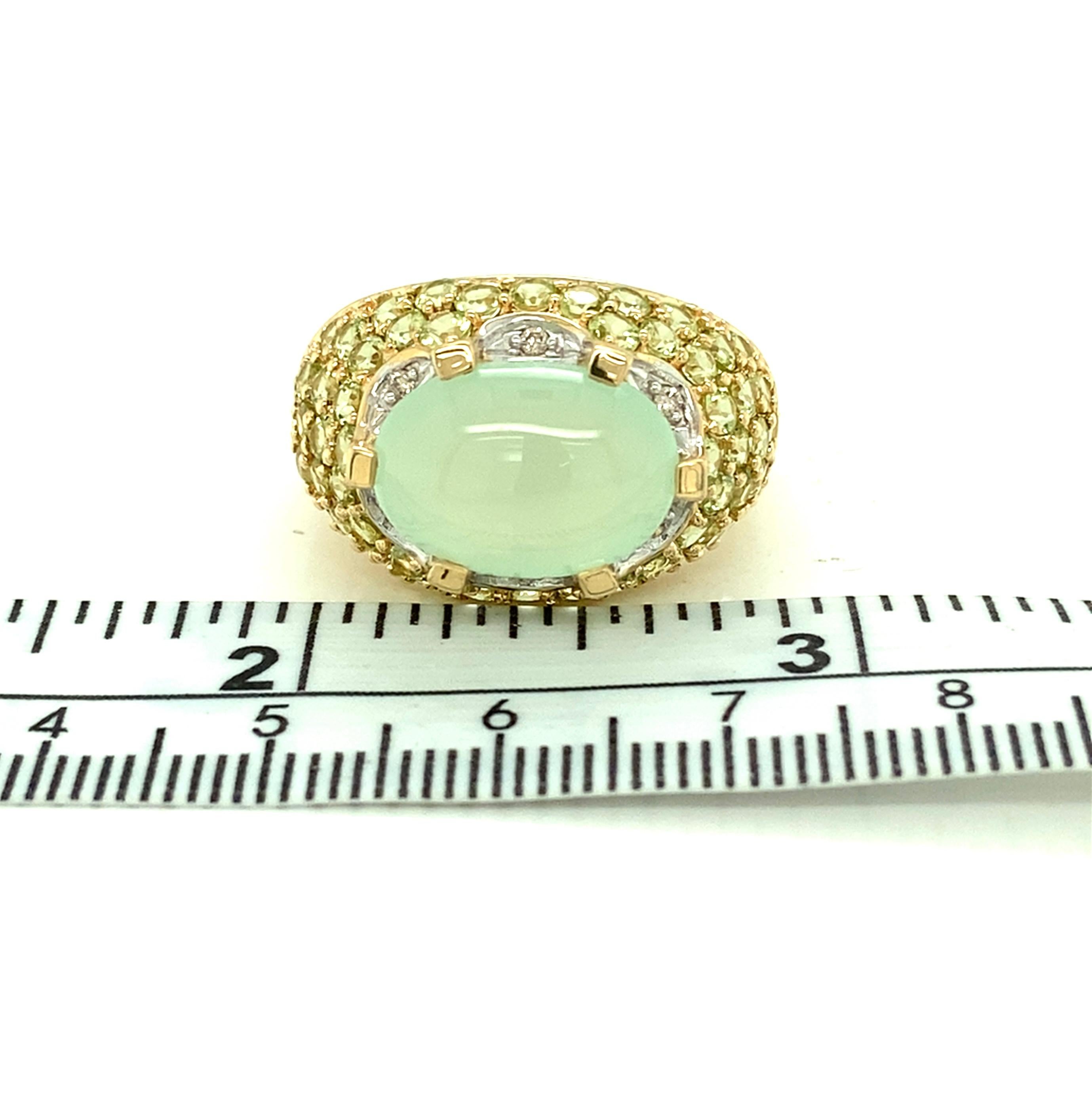 Estate Prehnite, Peridot, and Diamond 14 Karat Yellow Gold Fashion Ring For Sale 2