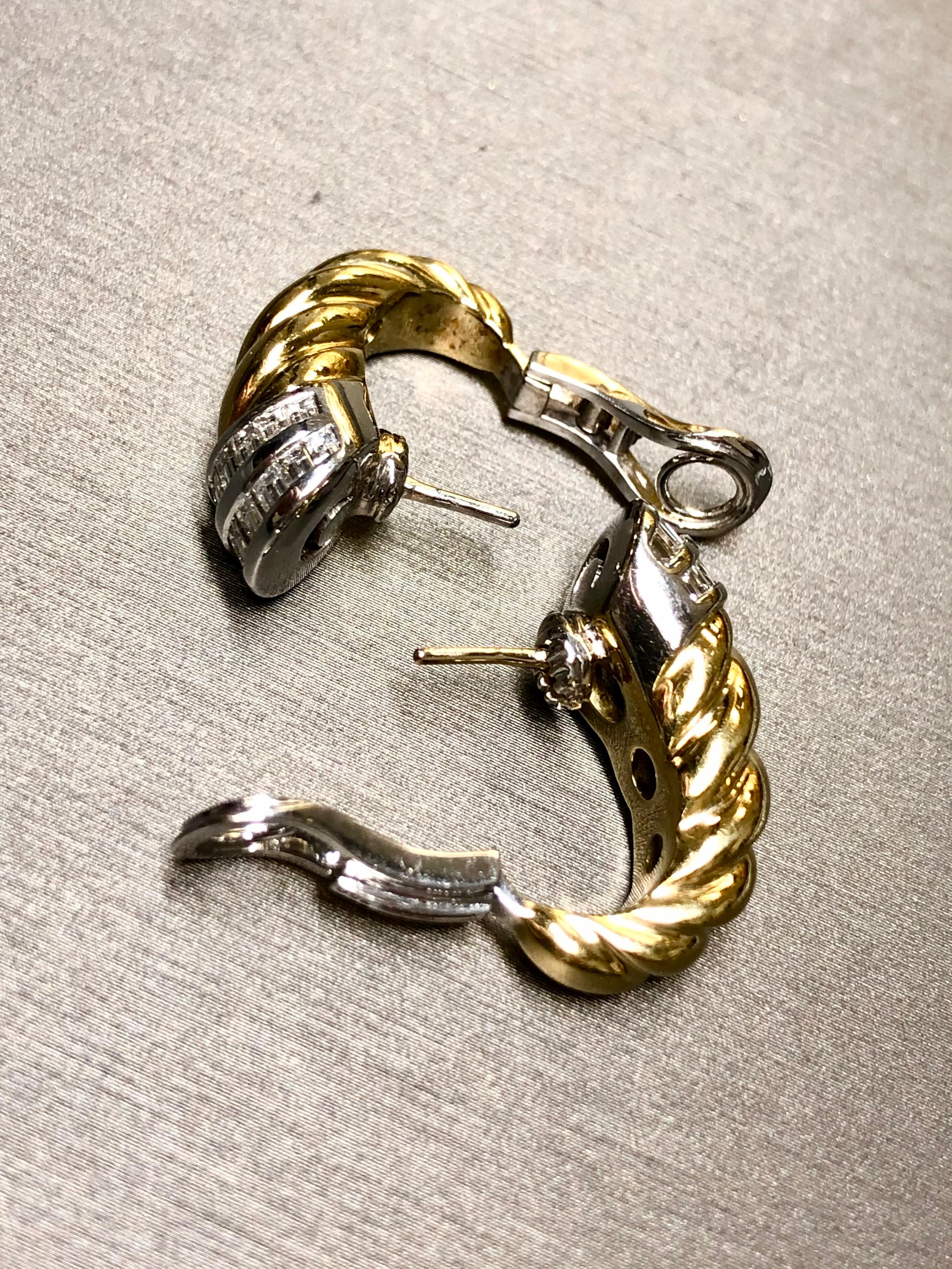 Pendientes de diseño Estate PICCHIOTTI Baguette Diamante Cuerda retorcida Camarón Huggie en venta 1