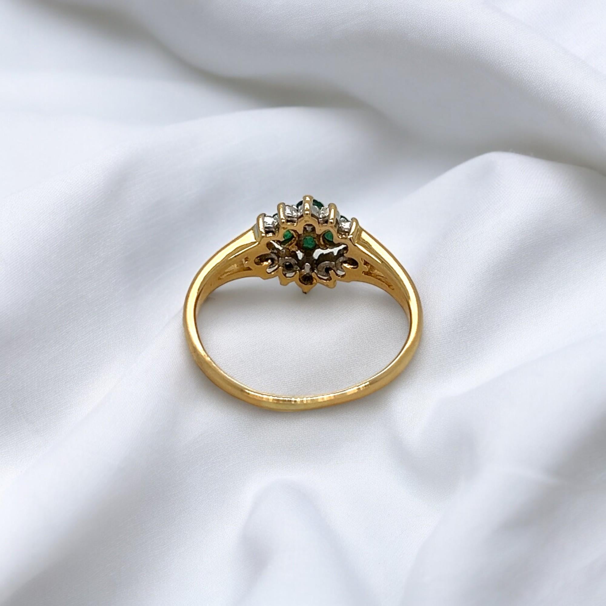 Estate Piece--Emerald and Diamond Yellow Gold Cluster Ring In Good Condition For Sale In Lewisville, TX