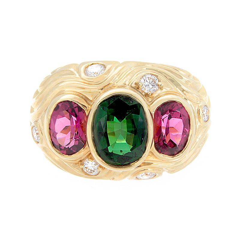 Estate Pink and Green Tourmaline Diamond Gold Ring