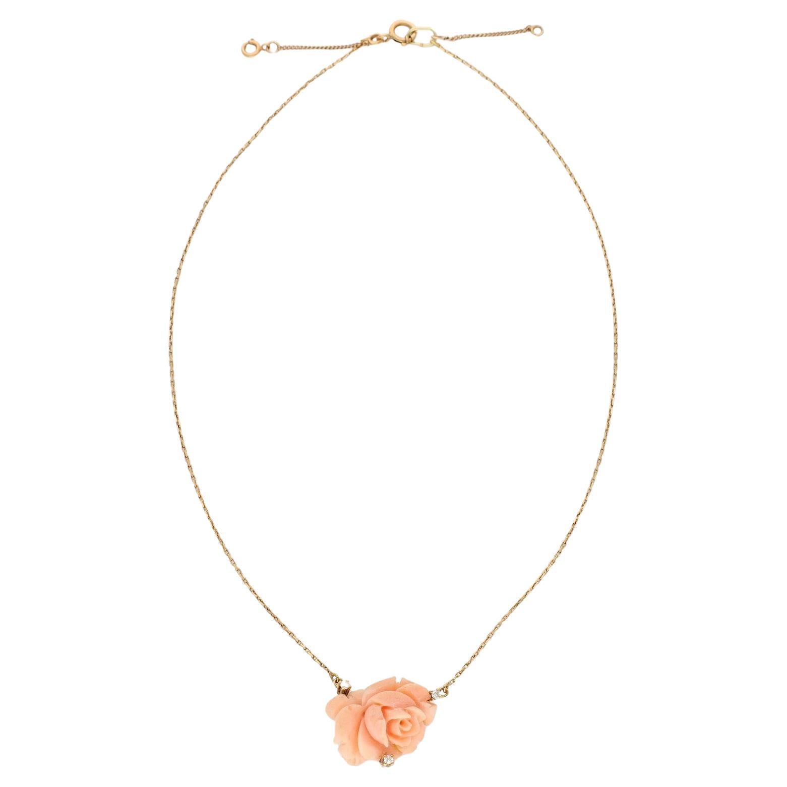 Estate Pink Angel Skin Coral Diamond Necklace For Sale