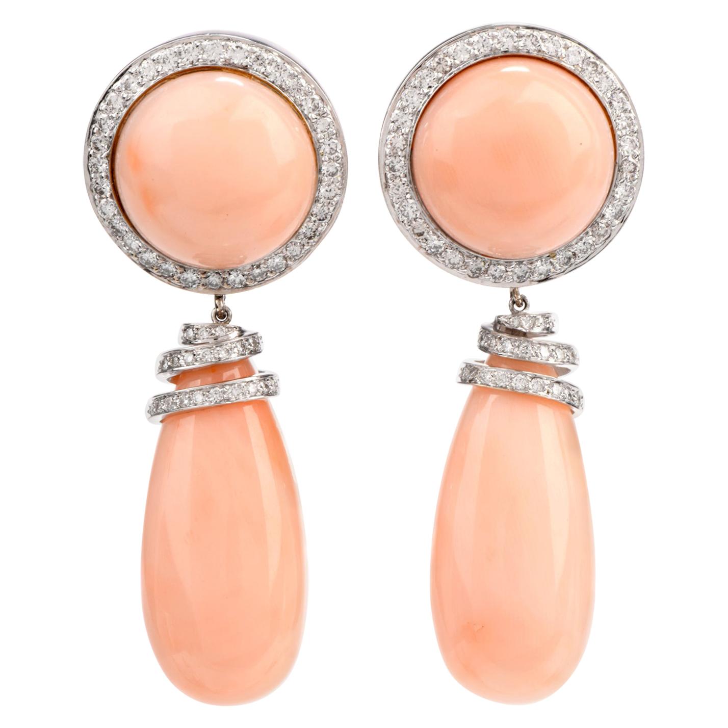 Estate Pink Coral Diamond Clip-On Dangle Drop 18 Karat Earring SC