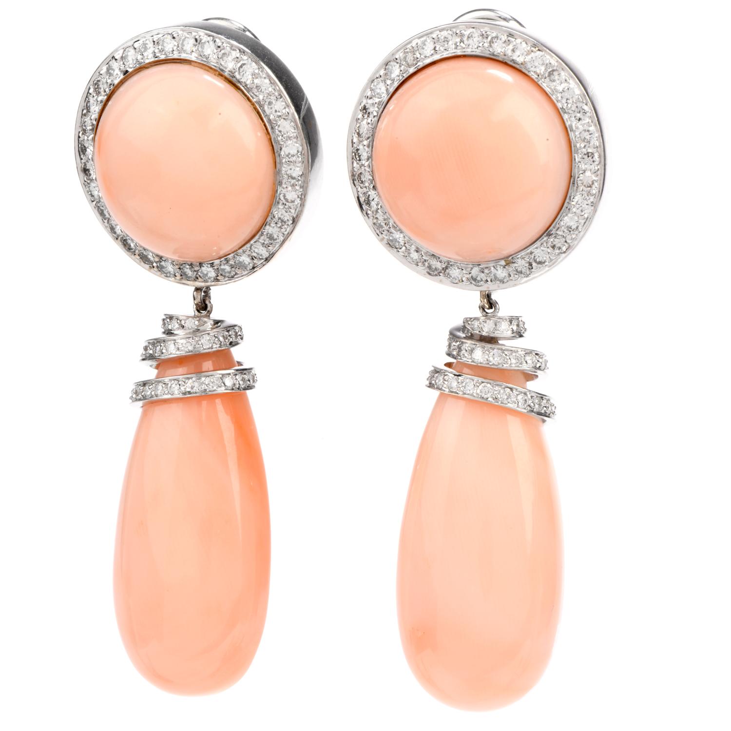 Estate Pink Coral Diamond Clip-On Dangle Drop 18 Karat Earring SC In Excellent Condition In Miami, FL