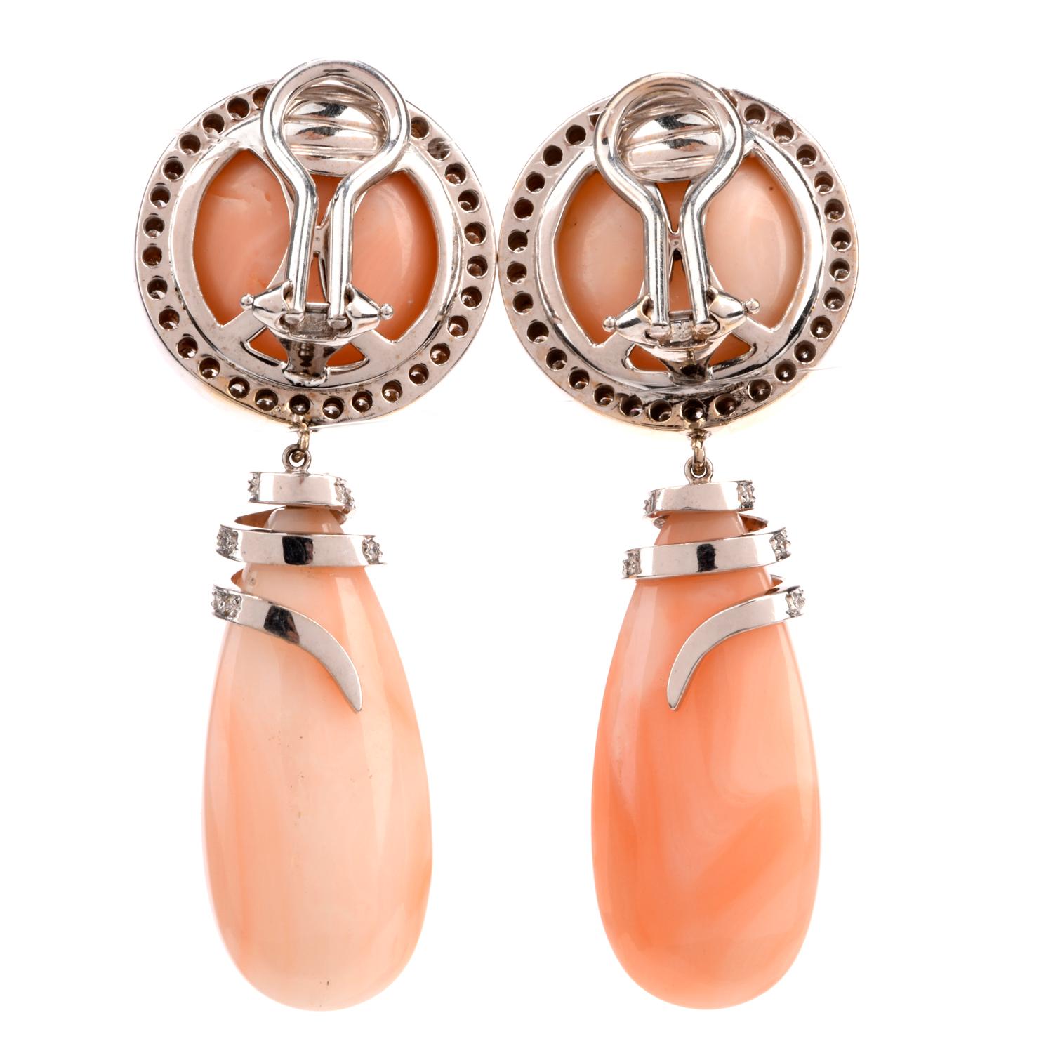 Women's Estate Pink Coral Diamond Clip-On Dangle Drop 18 Karat Earring SC