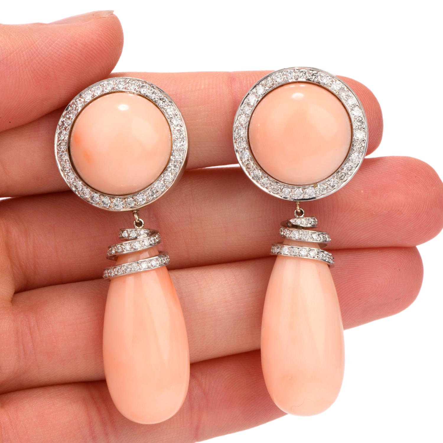Estate Pink Coral Diamond Clip-On Dangle Drop 18 Karat Earring SC 1