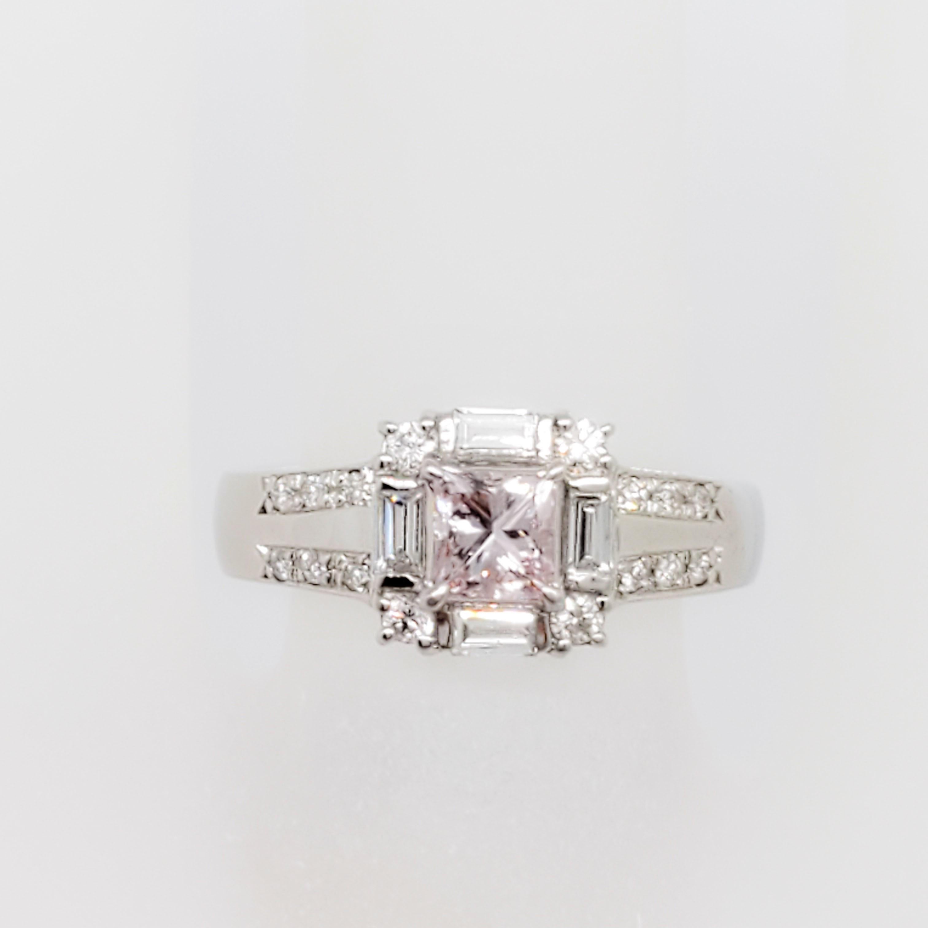 Natural Pink Diamond Princess Cut and White Diamond Engagement Ring in Platinum In New Condition For Sale In Los Angeles, CA