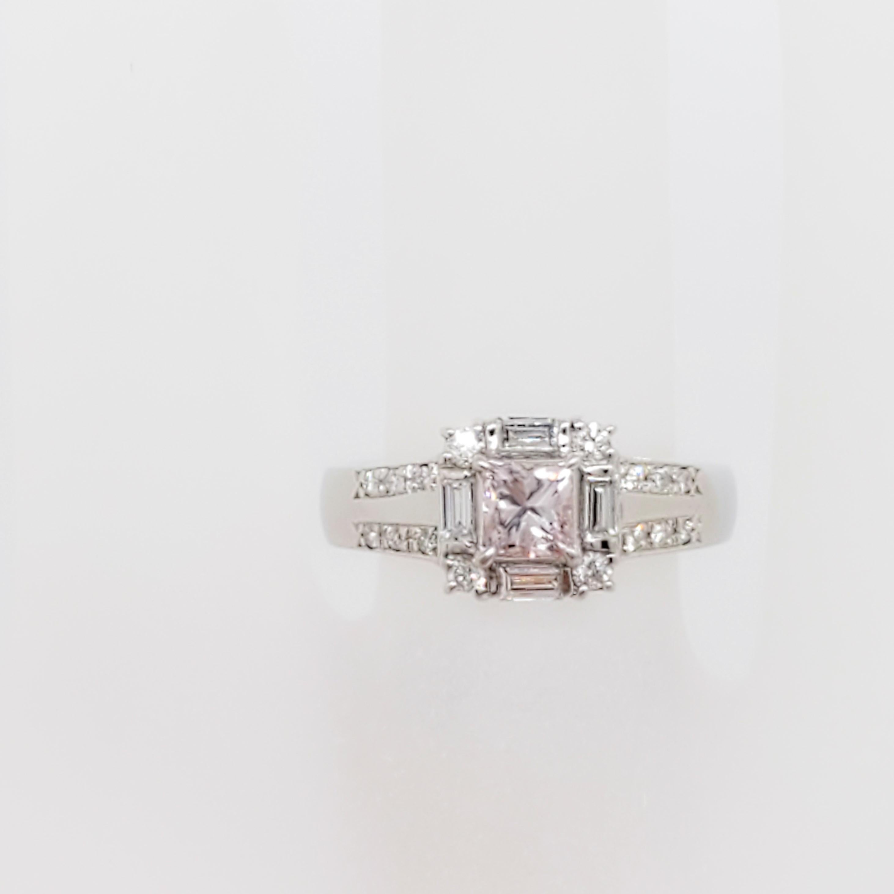 Women's or Men's Natural Pink Diamond Princess Cut and White Diamond Engagement Ring in Platinum For Sale