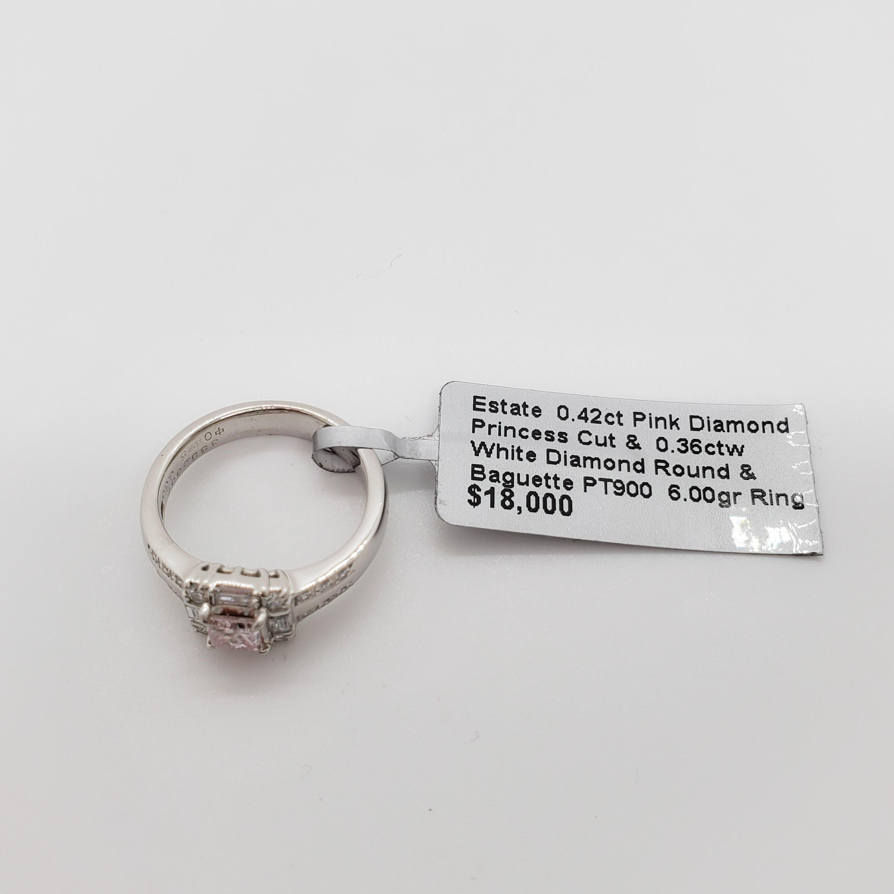 Women's or Men's Estate Pink Diamond Princess Cut and White Diamond Engagement Ring in Platinum