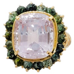 Estate Pink Kunzite Cushion, Green Tourmaline Round, and White Diamond Ring