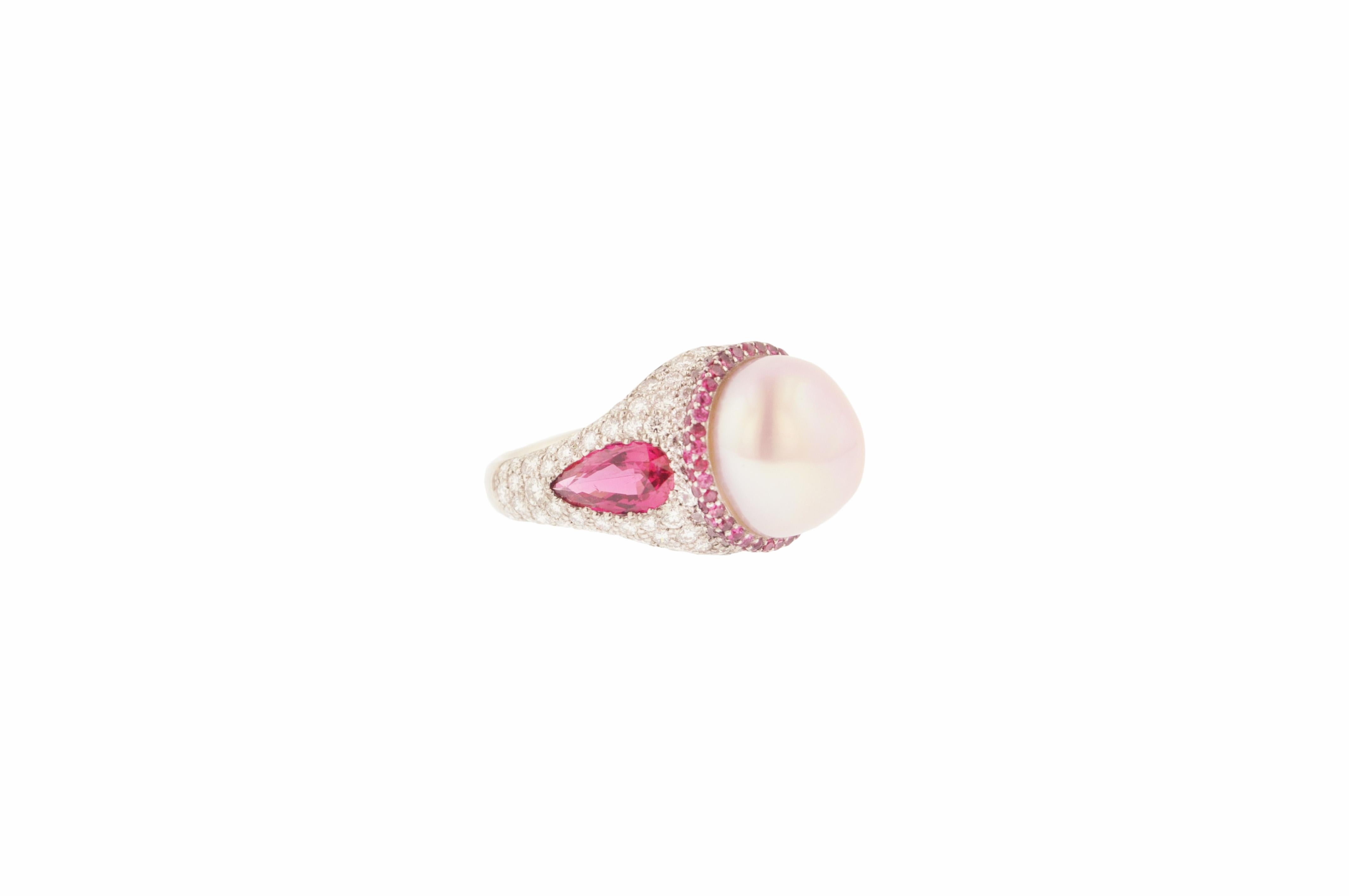 Pear Cut Estate Pink Pearl Spinel Diamond and Platinum Cocktail Ring For Sale