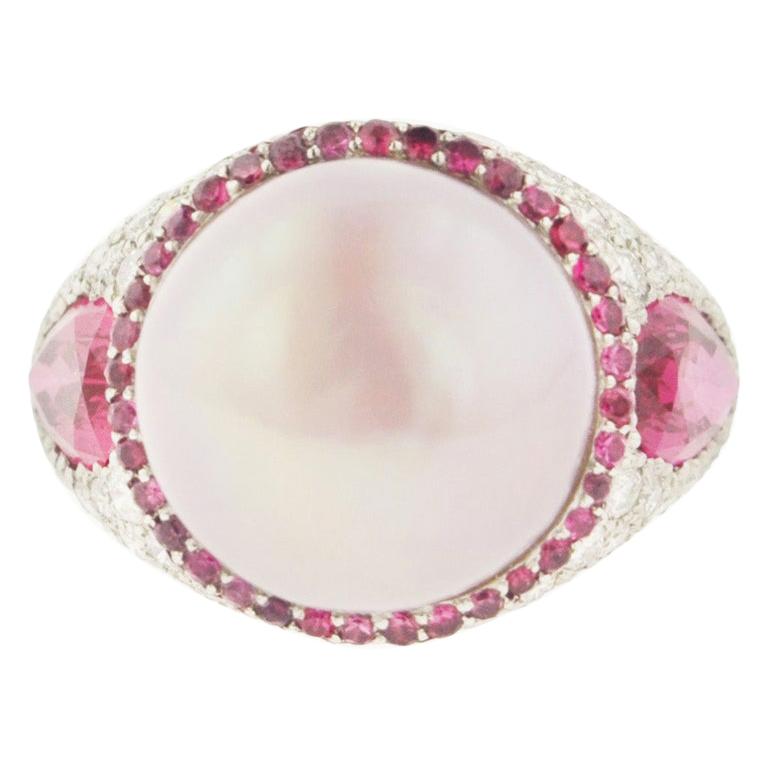 Estate Pink Pearl Spinel Diamond and Platinum Cocktail Ring For Sale