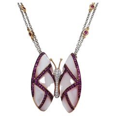 Estate Pink Sapphire and White Diamond Butterfly Necklace in 18k