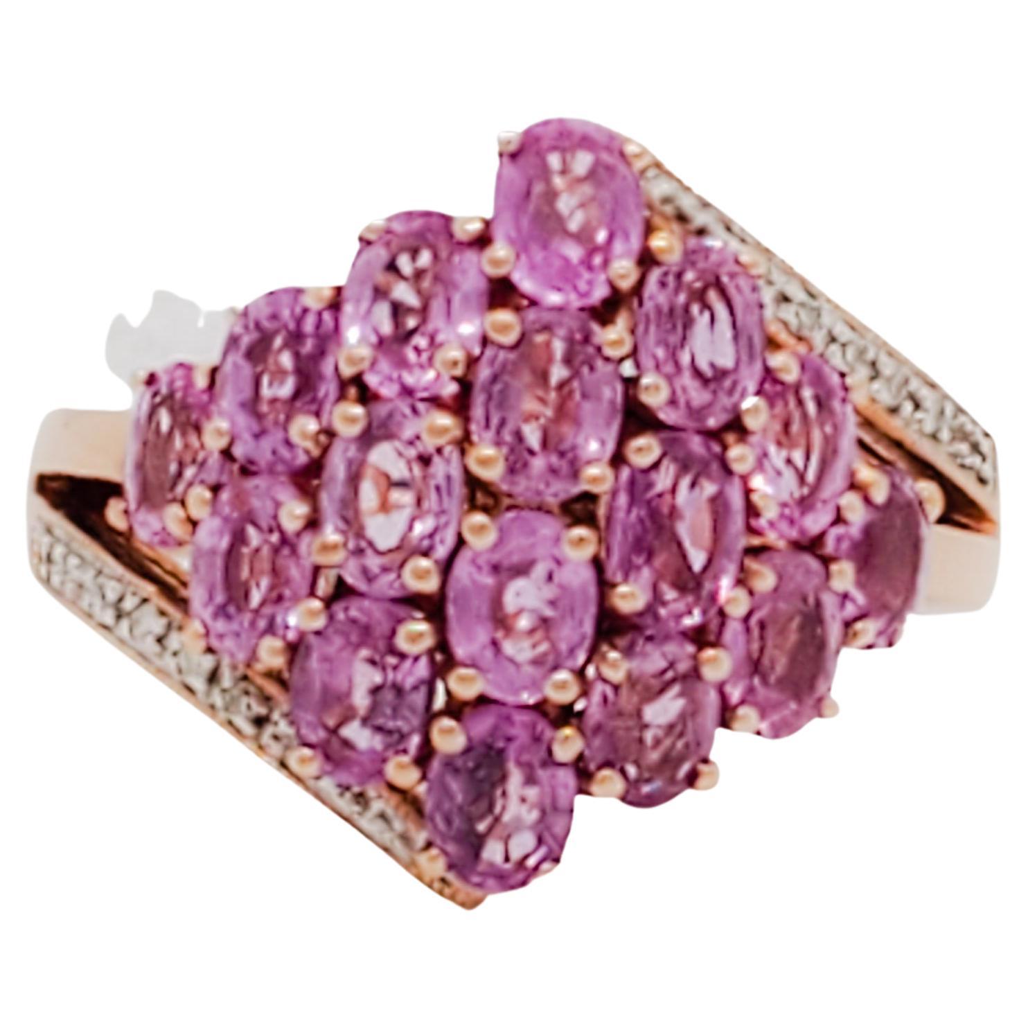 Estate Pink Sapphire and White Diamond Cluster Ring in 14k Rose Gold