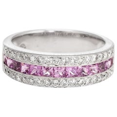 Estate Pink Sapphire Diamond Band 18 Karat White Gold Alternative Wedding Ring