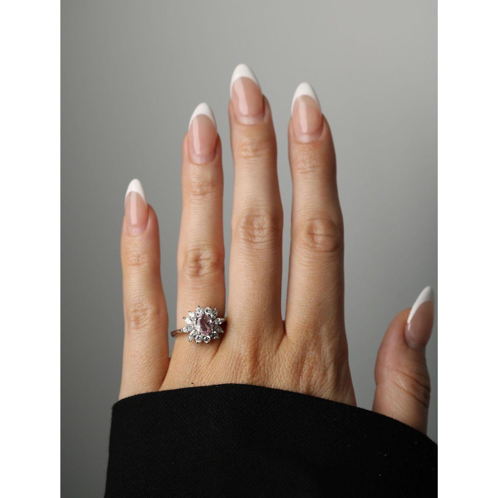Modern Estate Pink Sapphire Diamond Cluster Platinum Ring Size 6.75 ~2.33ctw For Sale