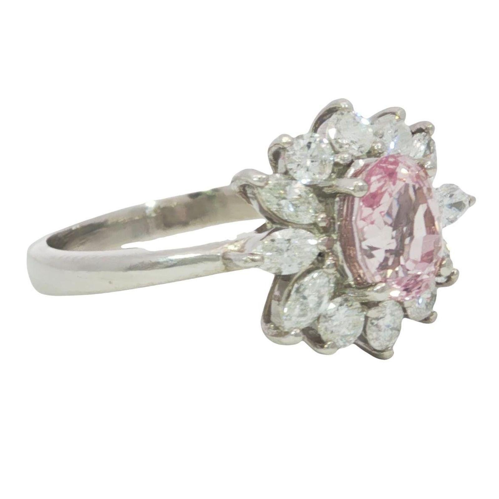 Oval Cut Estate Pink Sapphire Diamond Cluster Platinum Ring Size 6.75 ~2.33ctw For Sale
