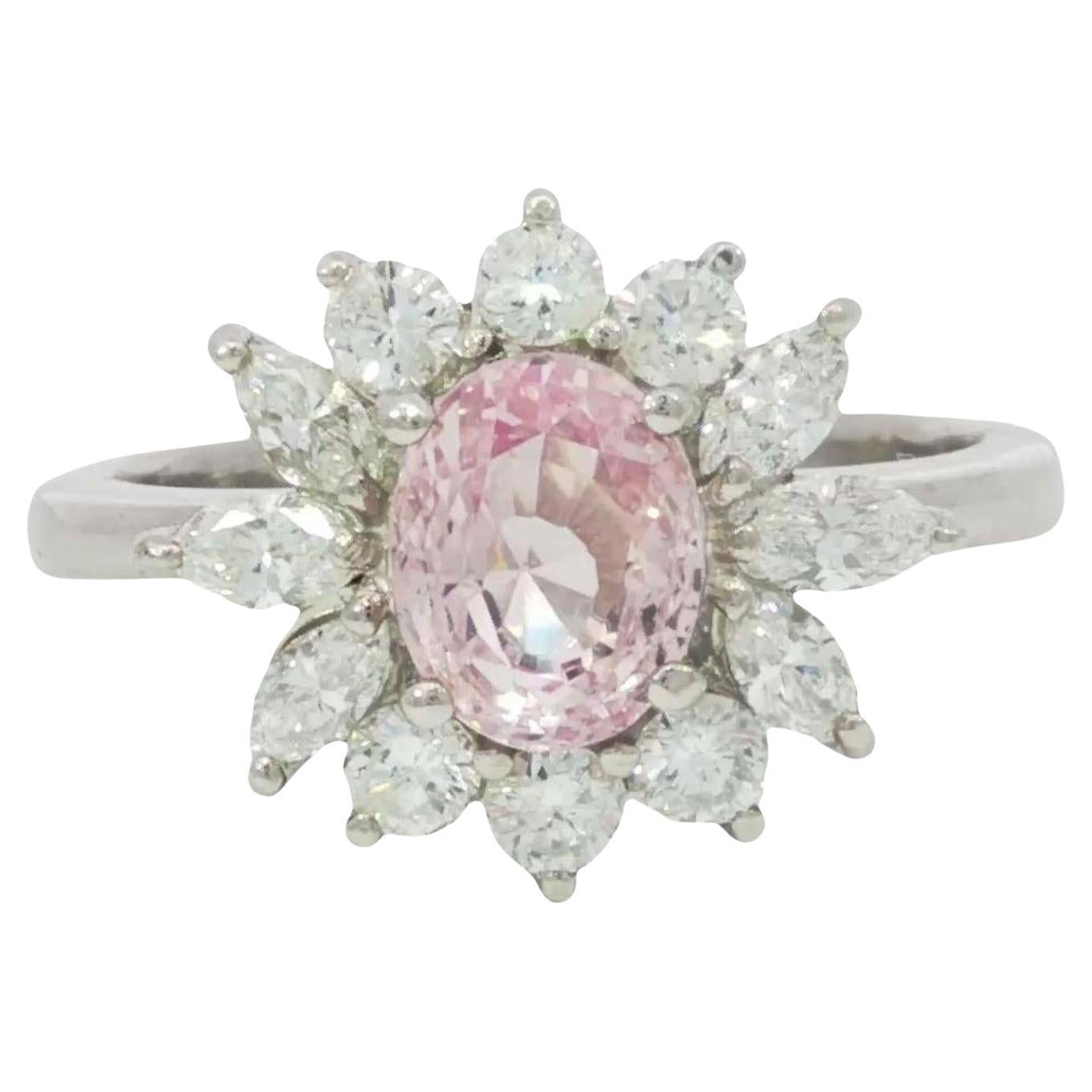 Estate Pink Sapphire Diamond Cluster Platinum Ring Size 6.75 ~2.33ctw For Sale