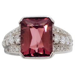 Estate Pink Tourmaline Emerald Cut and Diamond Cocktail Ring in Platinum