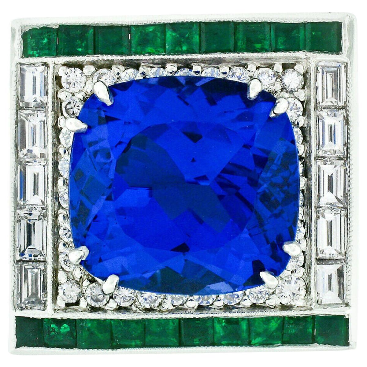 Estate Platinum 12.53ctw GIA Tanzanite Emerald & Diamond Cocktail Statement Ring