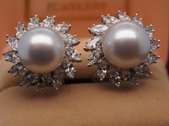 Estate Platinum 13.5mm Pearl and 5.50ct Diamond Earrings - VHK#497A