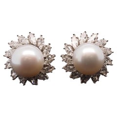 Estate Platinum 13.5mm Pearl and 5.50ct Diamond Earrings - VHK#497A
