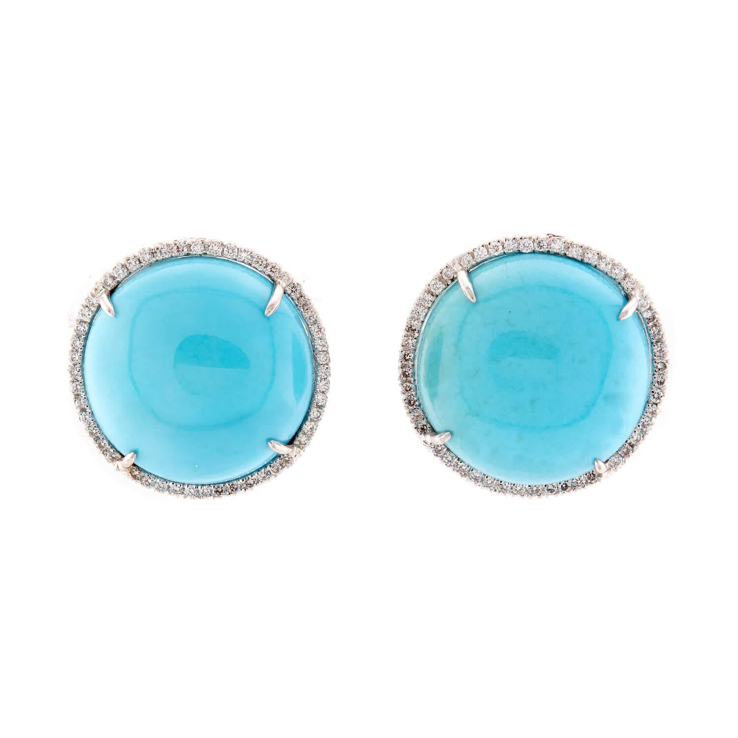 Cabochon Estate Platinum/14K Turquoise & Diamond Earrings For Sale